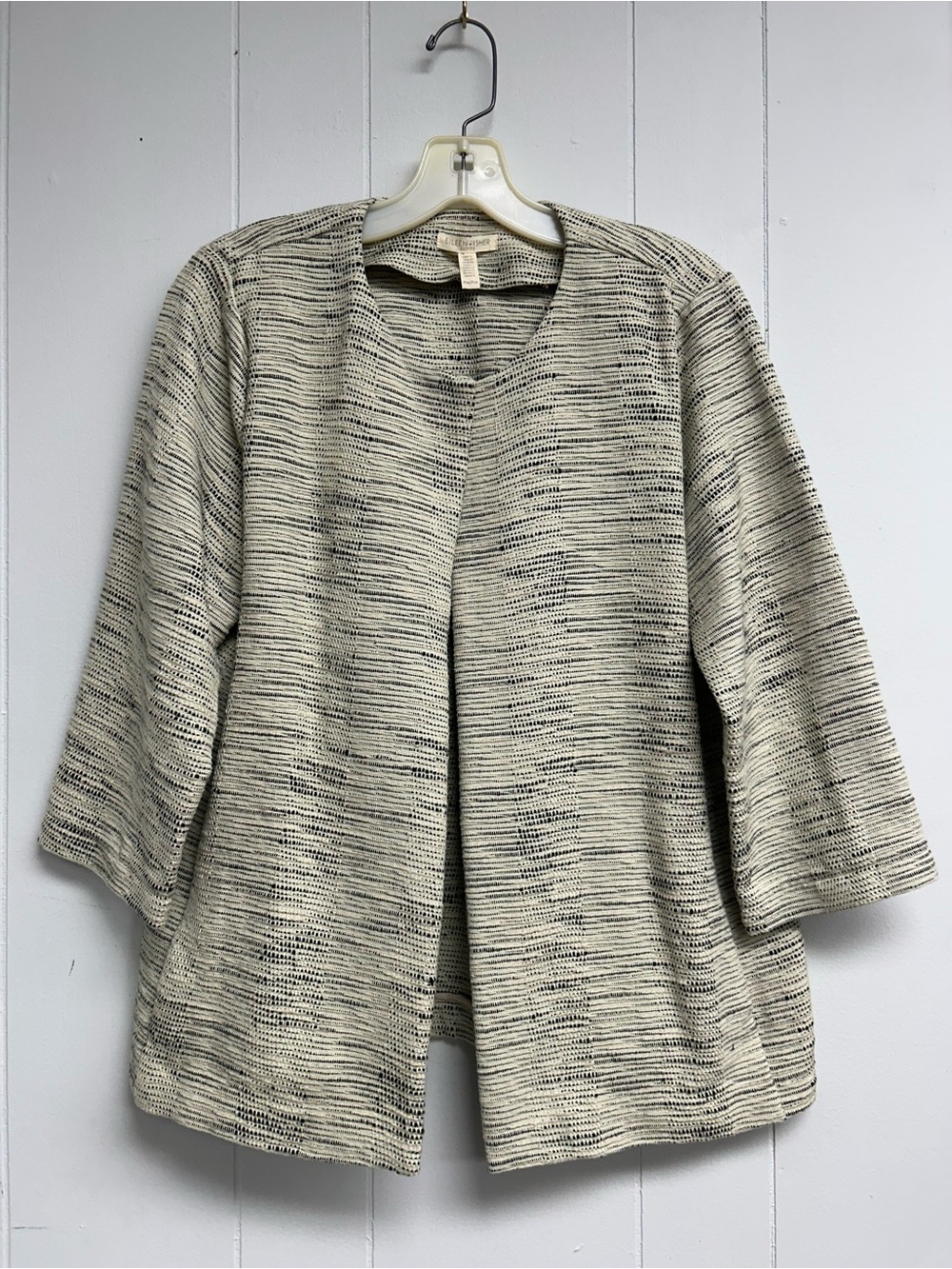 Eileen Fisher Heathered Cream & Black Open-Front Knit Jacket